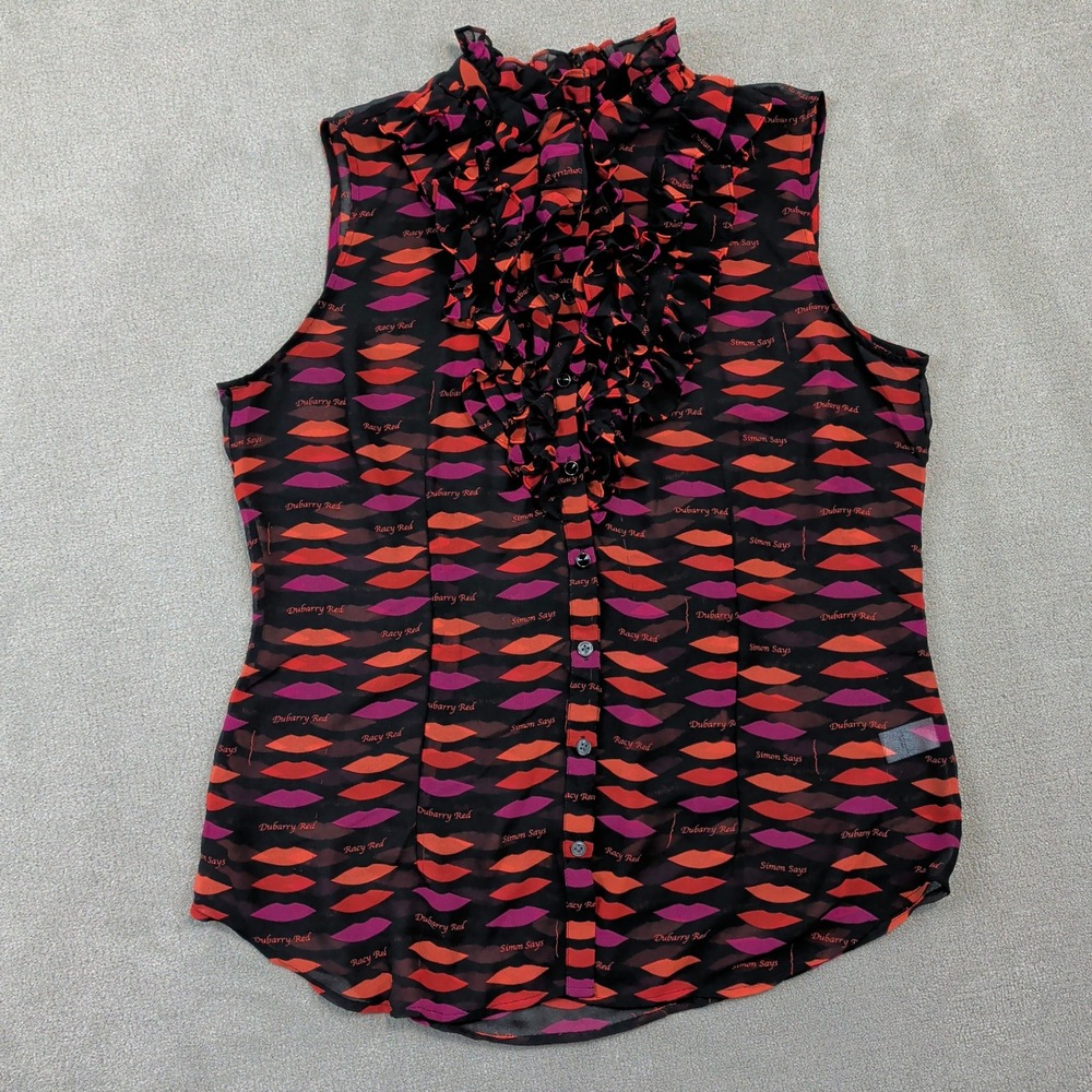 Banana Republic L'Wren Scott Size 12 Women Lip Print Ruffle Jabot Blouse Sheer
